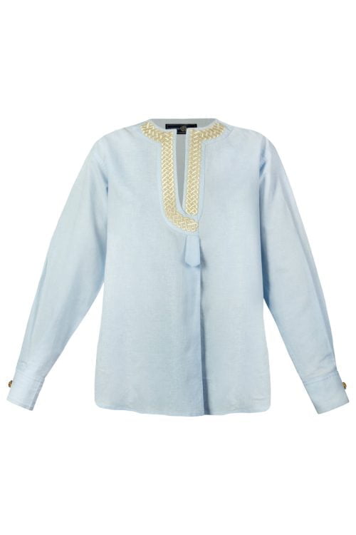 Blue Gold Embroidered Linen Loose Fitted Silk Handmade Buttons Gisou SS23 Gisou Blouse Rosewaterhouse 800x