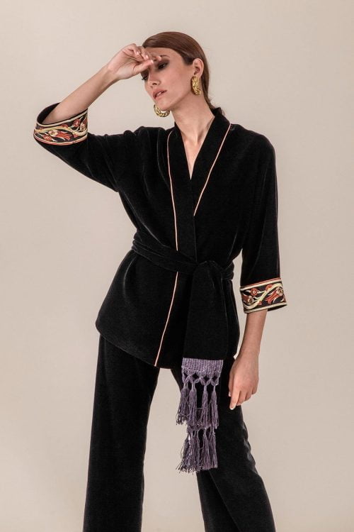 Rosewaterhouse black velvet belted kimono cardigan pant set 1 900x
