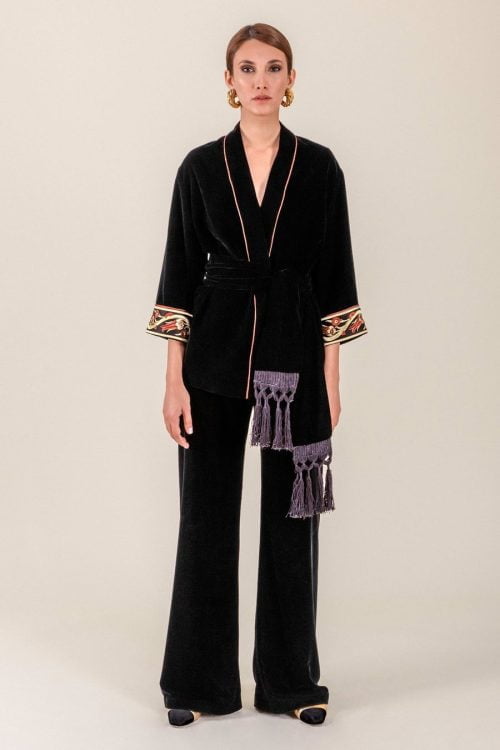 Rosewaterhouse black velvet belted kimono cardigan pant set 900x