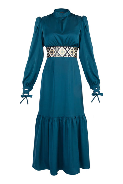 Rosewaterhouse belted silk blue holiday dress longseelve HD 400x